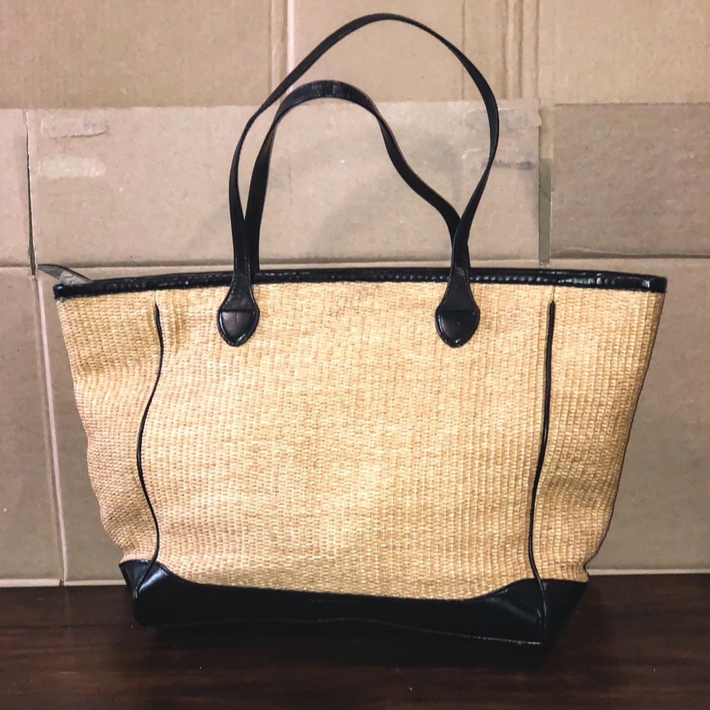 RALPH LAUREN Top Zipper Closure Black Handle Wicker Shoulder Bag with Storage - Picture 3 of 17